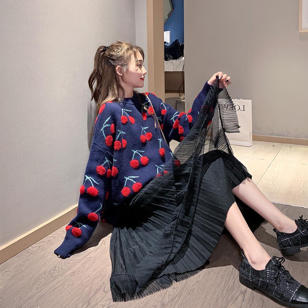 Autumn 2023 Girls' Sweet Red Cherry Sweater - Japanese Style, Loose Fit, Long Sleeve