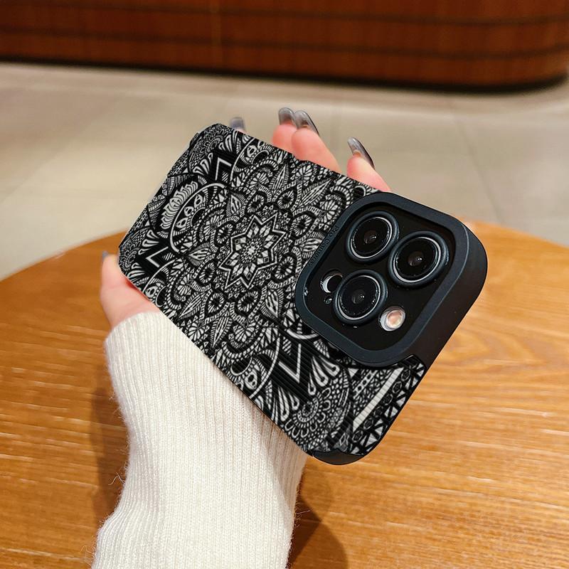 Vertical Grain Leather Shell Mandala Printed Patterned Shockproof Soft Silicone Case with Camera Lens Full Protection for iPhone