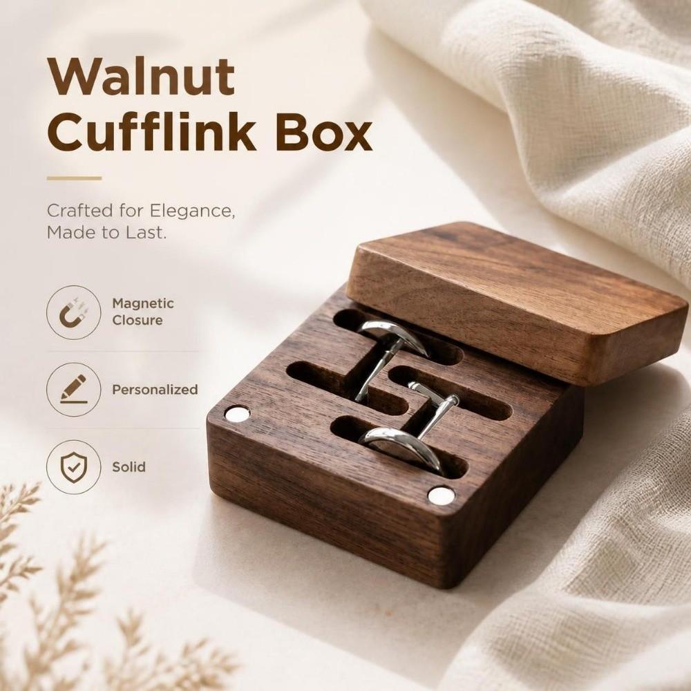 Magnetic Closure Walnut Cufflink Box Flip‑top Solid Cufflink Organizer Personalized Exquisite Wood Magnetic Closure Storage