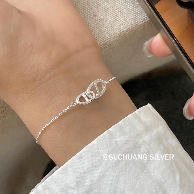 S925 Sterling Silver Diamond Pig Nose Bracelet for Women - Simple, Versatile, High-End Feel, Light Luxury