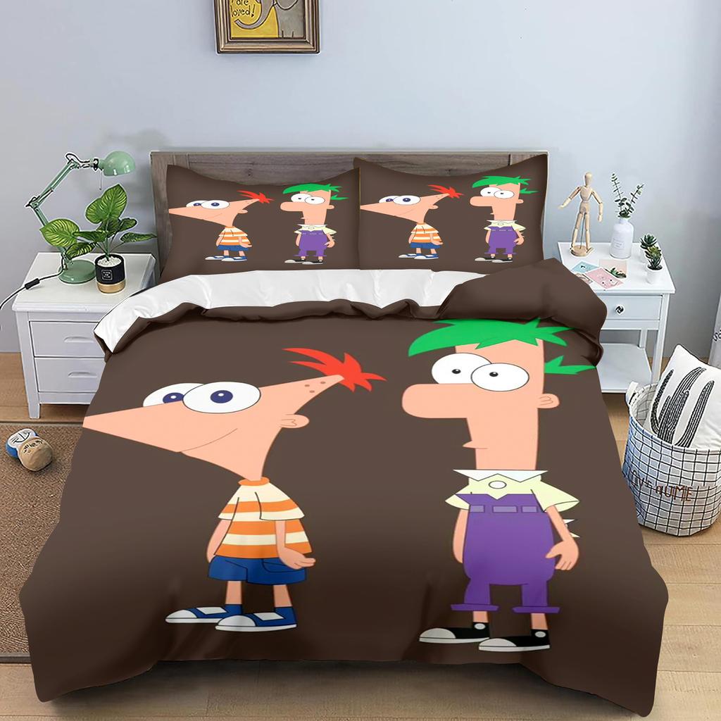 Phineas and Ferb Quilt Cover Cartoon Printed Polyester Duvet for Children Bedroom Anime Cozy Room Bedding Various Sizes