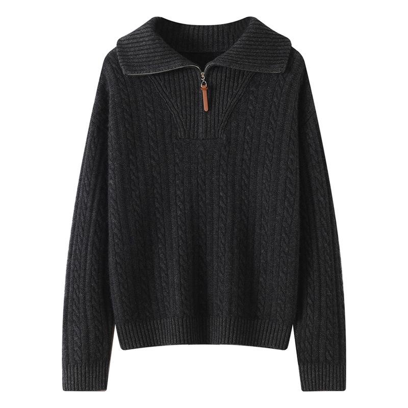 Women's Half-Zip Lapel Cable Knit Cashmere Sweater - Autumn/Winter 2026, Thick & Loose Fit.