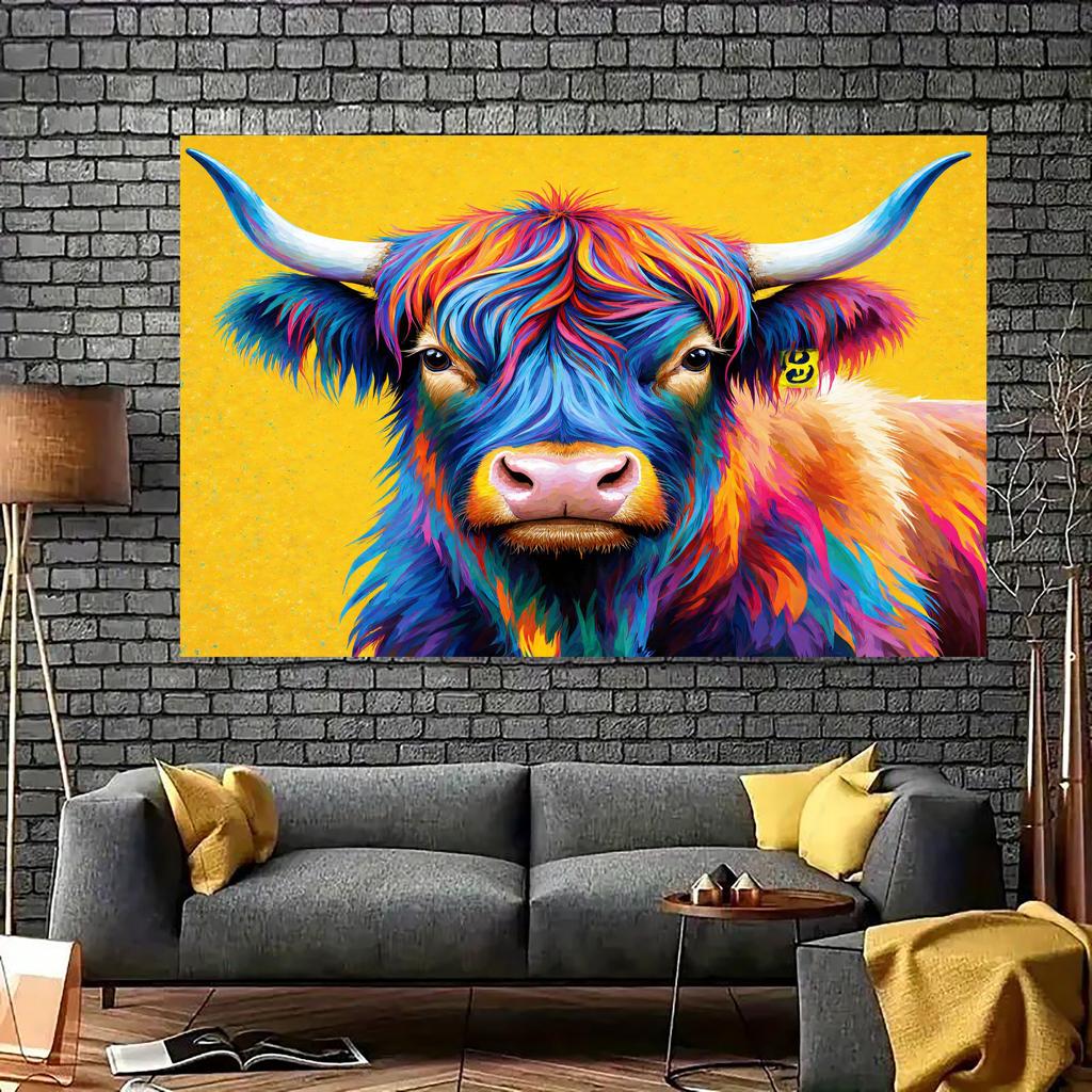 2D Flat, Colorful Highland Cow Art Tapestry Wall Hanging For Living Room Bedroom Decor Boho Animal Print Home Decoration Gift