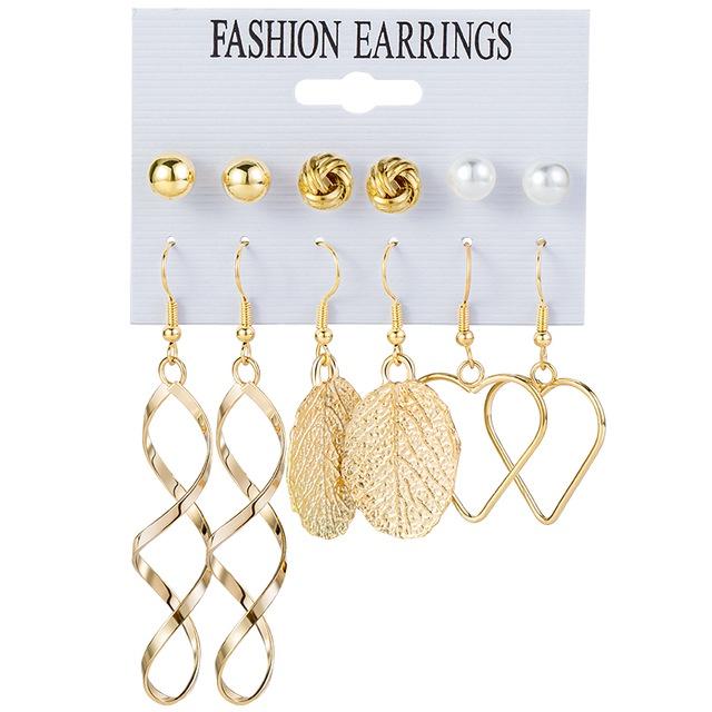 IF ME Korean Geometric Tassel Earring Set Simple Retro Leaf Heart Gold Earrings Jewelry Accessories