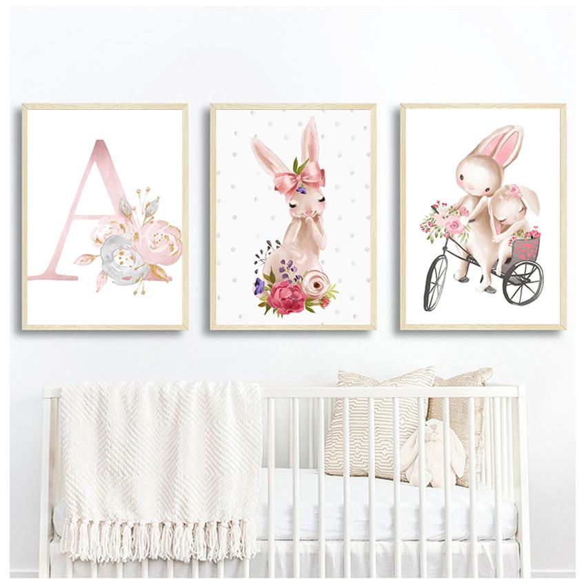 Toile imprimée, images murales pour enfants, décor de chambre à coucher, affiches de bébé, nom de fille personnalisé, peinture personnalisée, affiche d'animal, pépinière