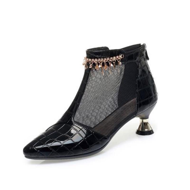 5cm Elegant Fashion Breathable Mesh Leather Boots Summer Shoes 2025 Trend Med Kitten Heels Short Ankle Boots Sandals Office Mom
