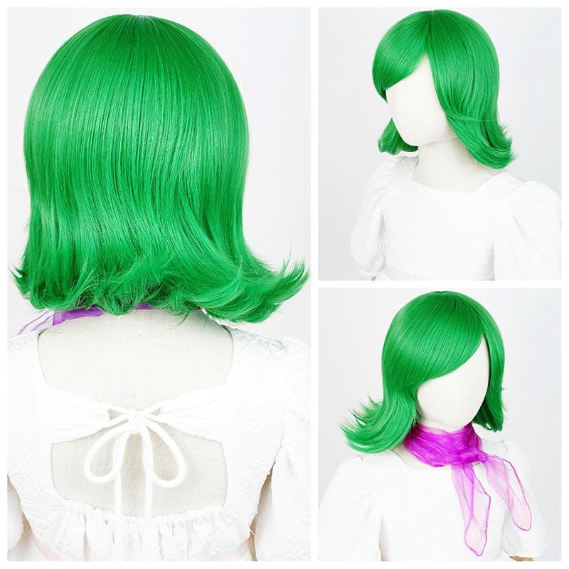 12-inch Women's Movie Cosplay Halloween Festival Anime Costume Wig, Short Green Synthetic Wig with Ribbon Two-piece Set, Natural