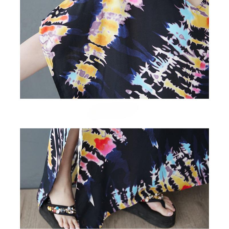 DIMANAF 2025 Summer Women Plus Size Dress Printing Dress Basic Casual Vintage Loose Linen Maxi V-Neck