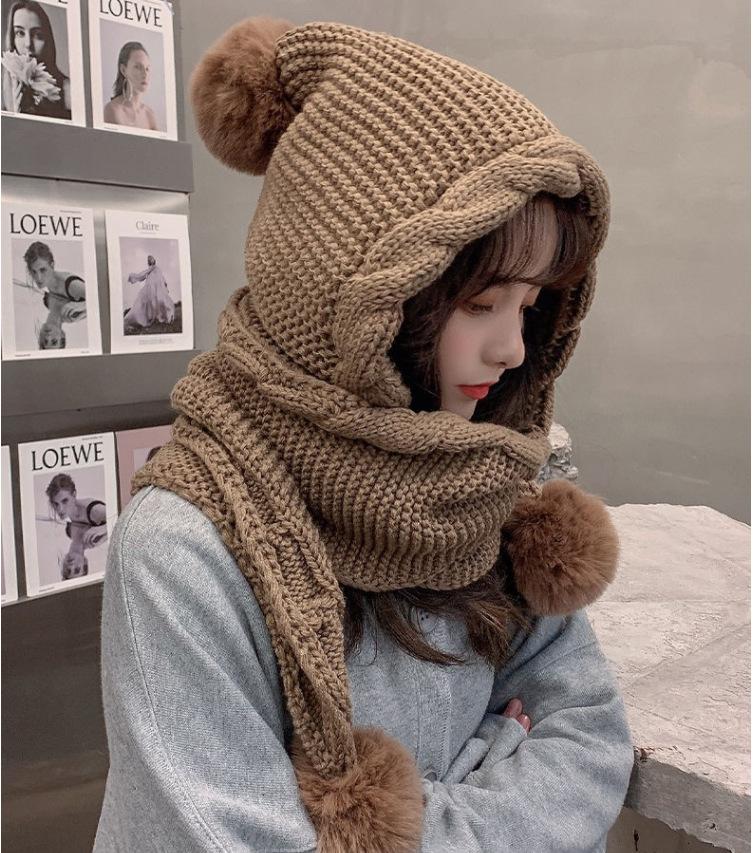 Women s Korean Hooded Scarf Winter Hats Cute Fur Ball Ear Protection Thickened Knitted Hat Woman Cold Protection Warm Scarf Hat хаки