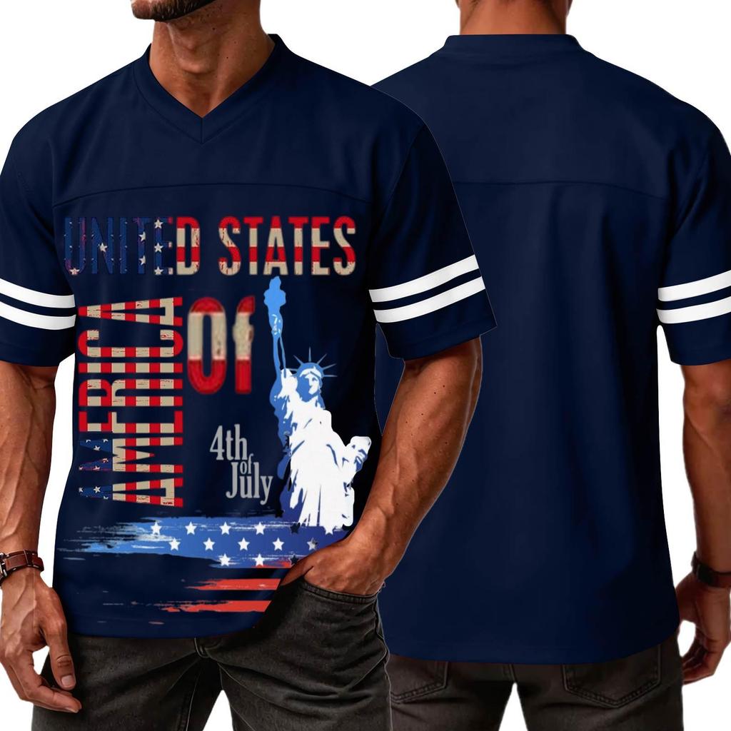 Men's Casual V Neck Short Sleeve Sports Shirt with Graphic Print Independent Day Themed Lightweight Athletic Tee for Outdoor and Everyday Wear
