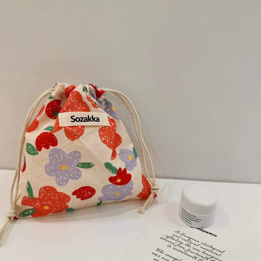 Small Cotton Fabric Floral Drawstring Bags Coin Pocket Bags Purse Keys Earphone Storage Bag Lipstick Toiletry Makeup Organizer
