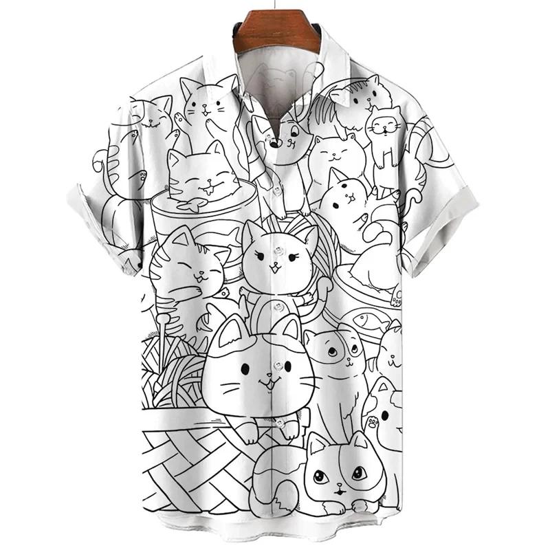 Neues Kawaii 3D Cartoon Anime Katzen Print Hemd für Herren Coole Designs Kurzarm Knopf Hawaiianische Hemden Urlaubs Strand Tops Bluse