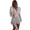 European and American Women's Clothing Summer New Sexy Temperament V-neck Pleated Waist Short Long-sleeved Dress
