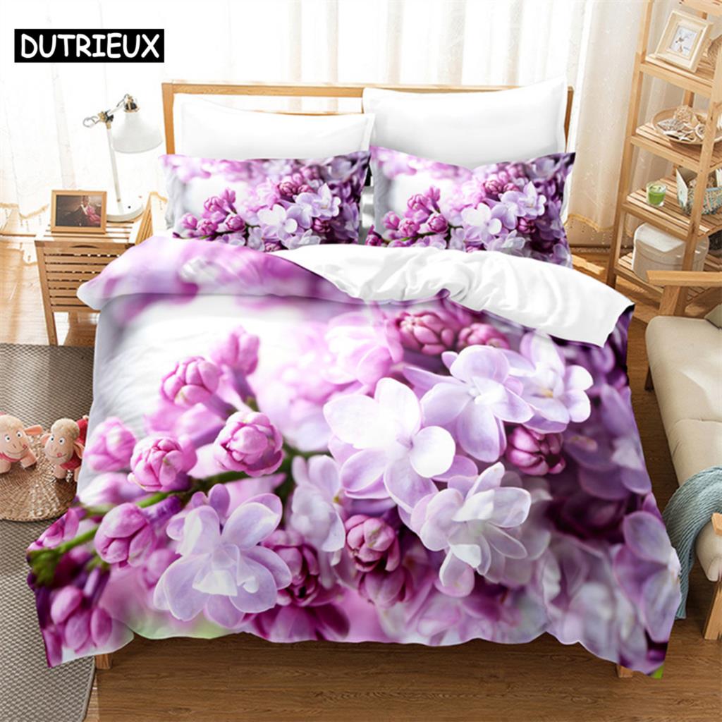 Purple Flower Duvet Cover Set Double Bed 200x200 Thin Floral Bedding Set 3PCS 2PCS with Pillowcase Single Quilt Cover 220x240
