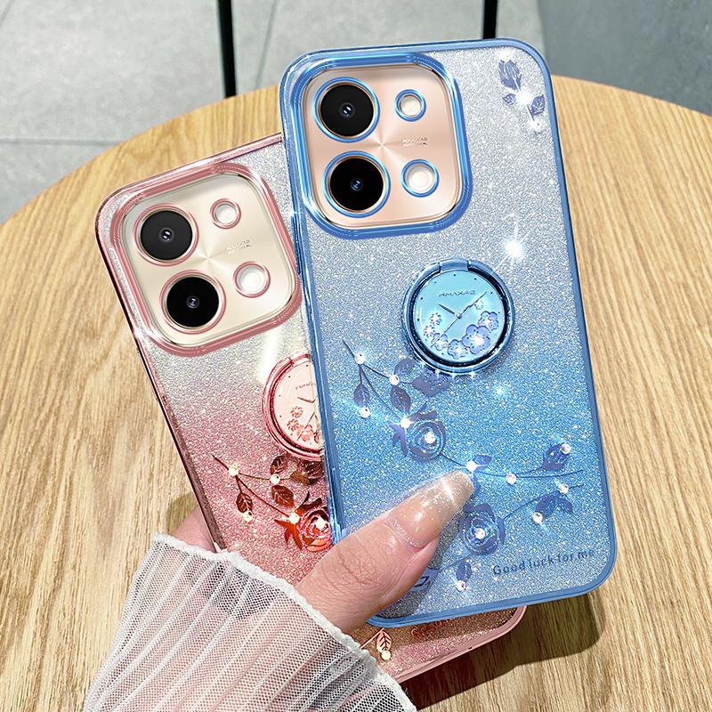 KADEM For vivo Y28 4G Case Kickstand Glitter Flowers TPU Shockproof Phone Cover