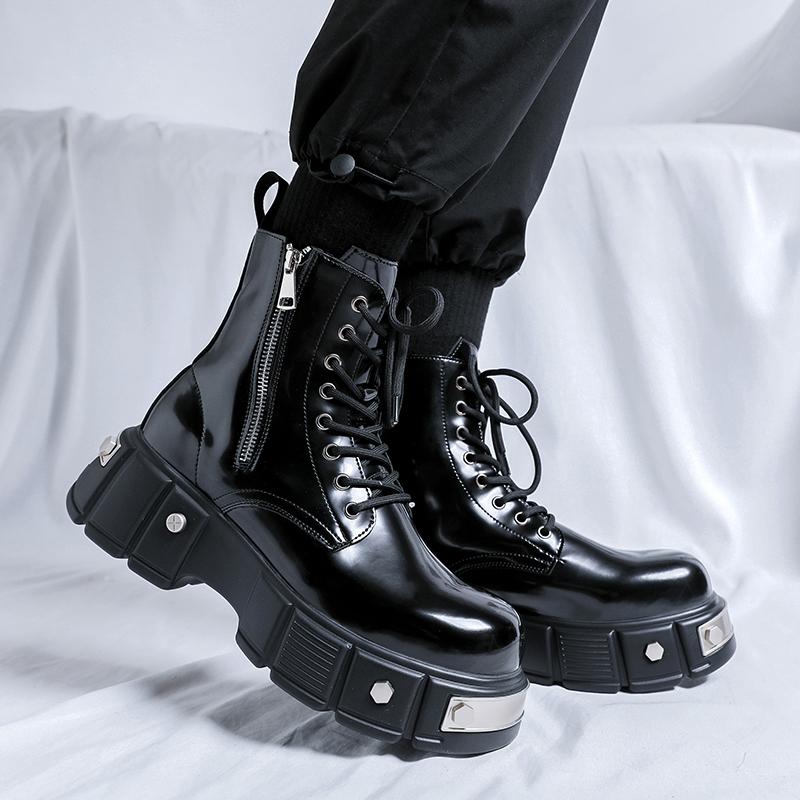 New Long Men's Boots Trendy Designer Style Casual Party and Outdoor Streets Lacquer Leather Shoes Thick Bottom Versatile