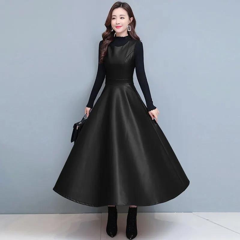 

Весенняя женская мода, однотонное кожаное платье-жилет из искусственной кожи, длинное платье XXXL чёрный