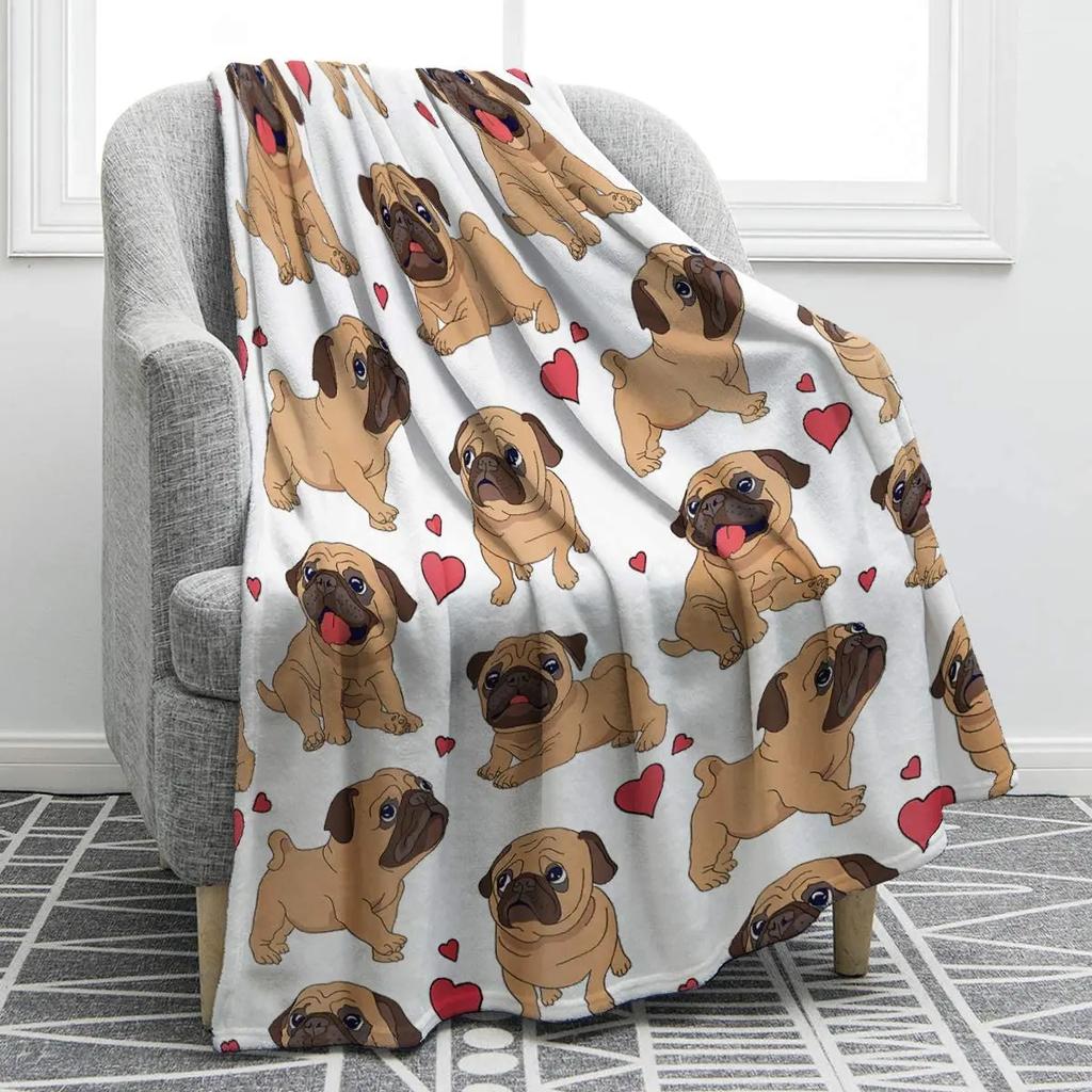 Cute Pet Pug Dog Print Blanket Soft Colorful Flannel Throw Blanket for Sofa Chair Bed Office Travelling Camping Lightweight