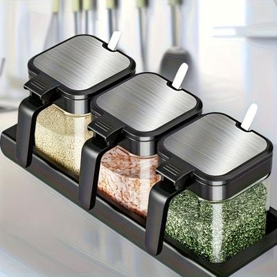 3Pcs/set Storage Condiment Canisters Pots Clear Glass Salt Container Sugar Bowl  Kitchen