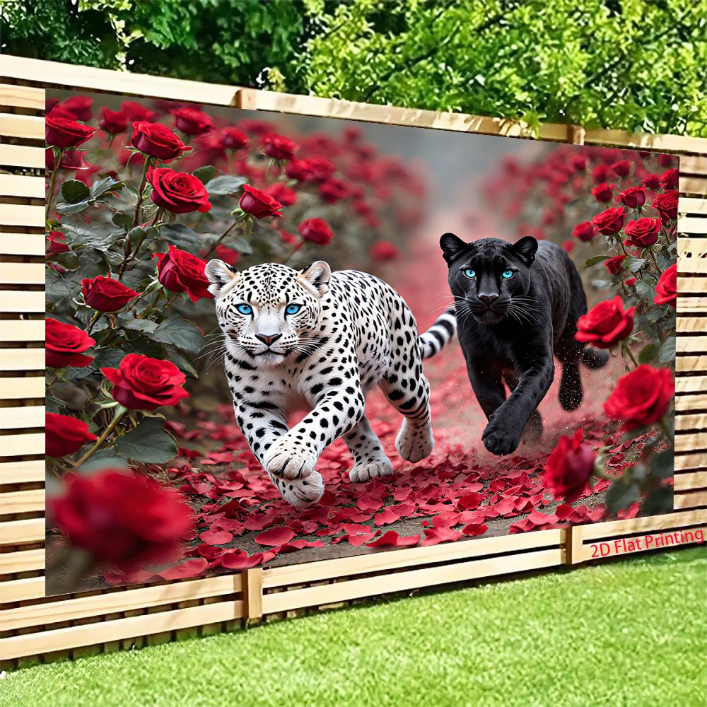 2D plane 1 snow leopard and black leopard running in the theme of rose ocean suitable for parties and room decoration