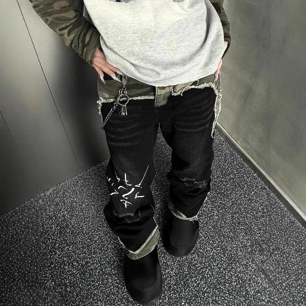 Women's Plus Size Retro Camo Patchwork Straight Leg Hip Hop Jeans