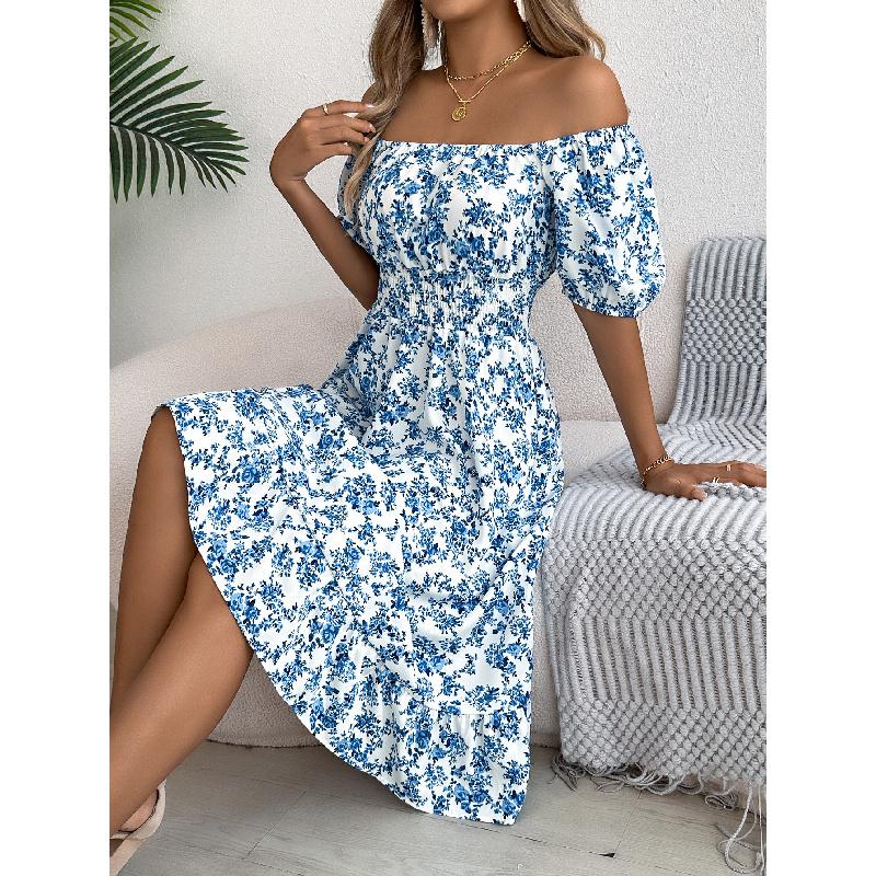 2026 Spring/Summer New Floral Print Square Neck Short Sleeve Waist-Cinching Ruffle Hem Women's A-Line Dress