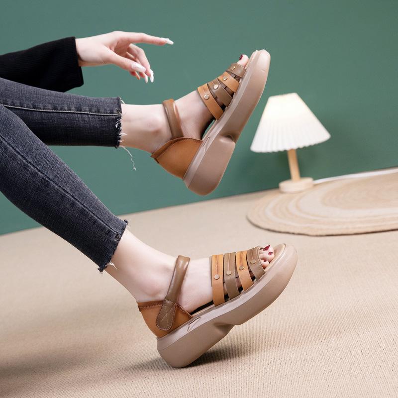 First layer cowhide sandals women's summer 2025 new leather casual retro ethnic style Velcro platform women's shoes