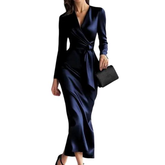 

Жіноча сукня-халат міді з атласу, шовковиста, з довгим рукавом, V-подібним вирізом, на поясі, офіційна сукня, для коктейльної вечірки, сукня для гості на весілля S темно-синього кольору