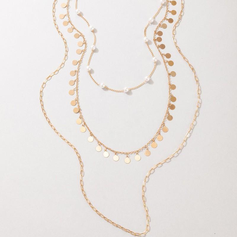 Geometric Cross Strand Pearl Neck Chain Accessories, Simple Multi-Layer Metal Sequin Pendant Necklace