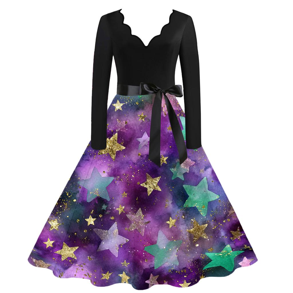 Dámské ležérní módní šaty s výstřihem do V a vintage potiskem karnevalu