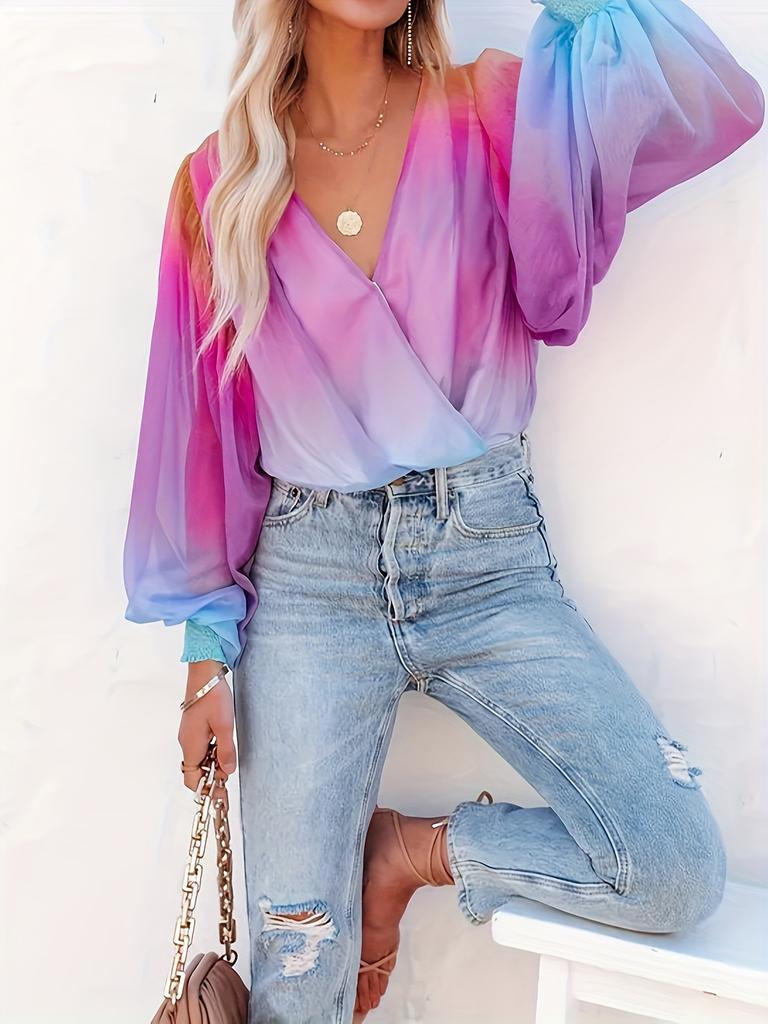 Spring-Summer New Amazon Gradient Sheer Chiffon Fashion Print Pullover Shirt for Women
