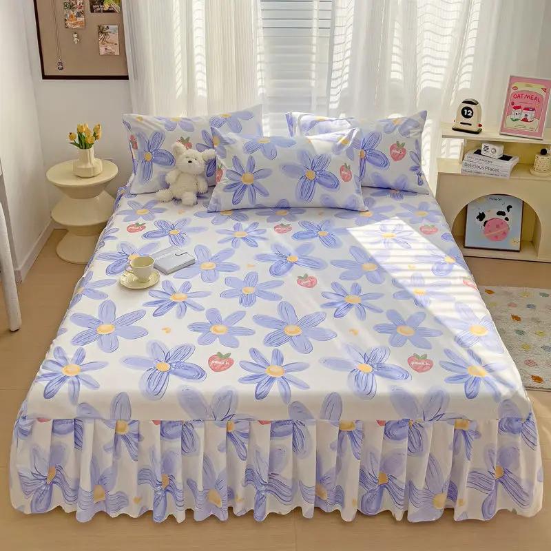 Printed Cotton Bed Skirt Three Piece Set All Season Universal Ruffle Edge Single Bed Cover Soft Comfortable Bedding Bedspread