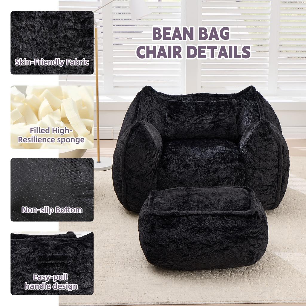 Giant Bean Bag Chair for Adults &Kids Faux Fur Sofa Chairs with Pillow &Ottoman, Comfy Reading & Gaming Beanbag Couch for Bedroom Living Room, Black