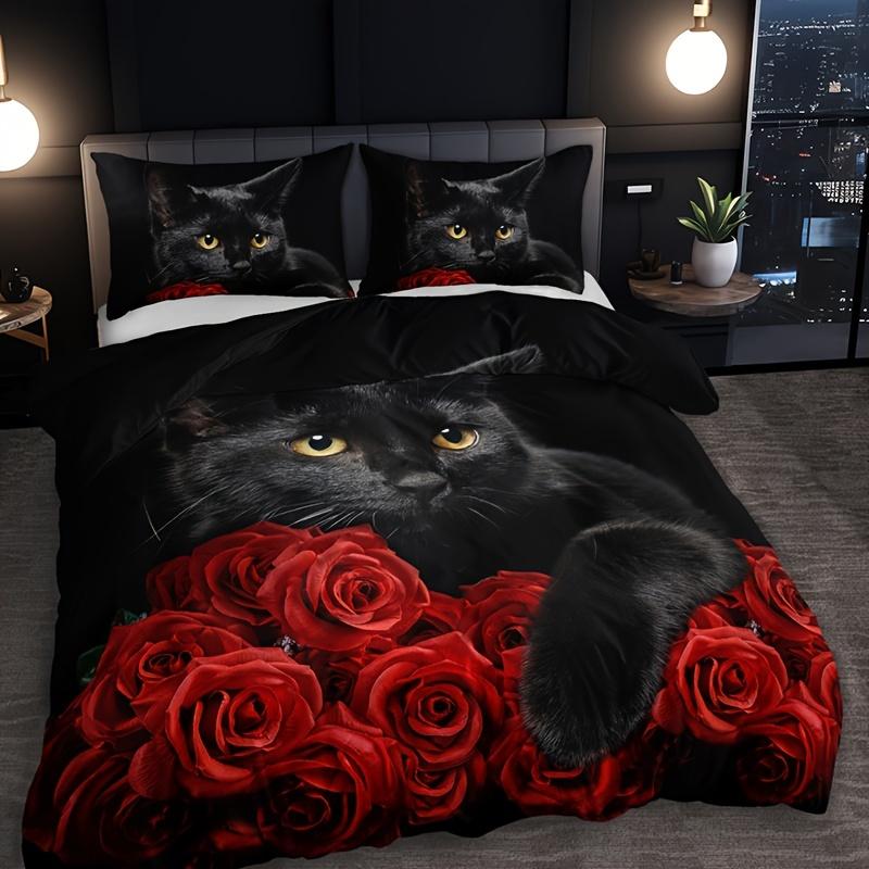 Black Cat Rose Print Bedding Set Includes 1 Duvet Cover And 2 Pillowcases Breathable Polyester Perfect For All Seasons