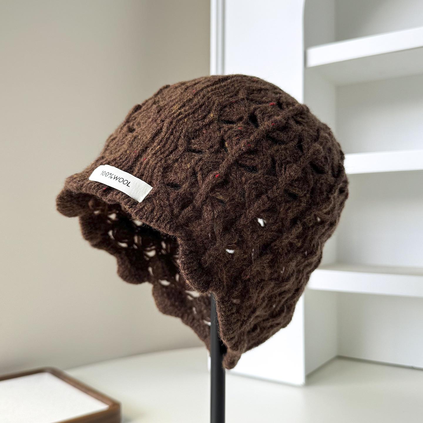 

Wool Knitted Baotou Hat Autumn and Winter Warm Cold Hat Fashion Hollow Handmade Crocheted Pullover Hat Fashionable Women s Cold Hat M（56-58cm）