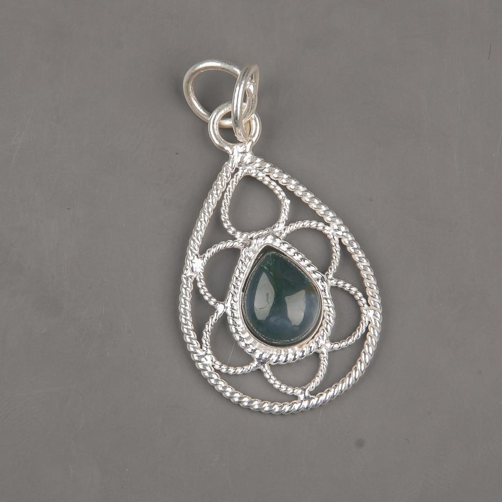 Moos Achat Anhänger, Edelstein Schmuck 925 Sterling Silber Anhänger, Geschenk für Frauen handgefertigter Anhänger