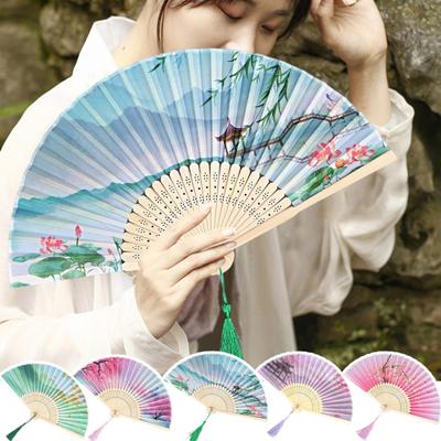 Vintage Bamboo Folding Hand Fan Imitation Silk Floral Print Chinese Style Handheld Fan with Tassel Pendant for Women Girls Dance Party Wedding Gift