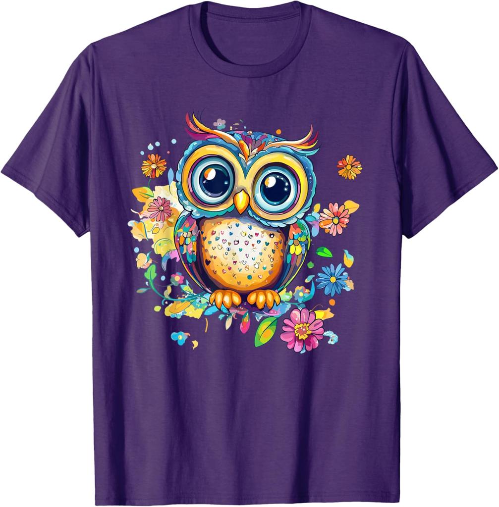 Vibrant Owl With Colorful Flowers Graphic T-Shirt Casual Cotton Print Crewneck Tee