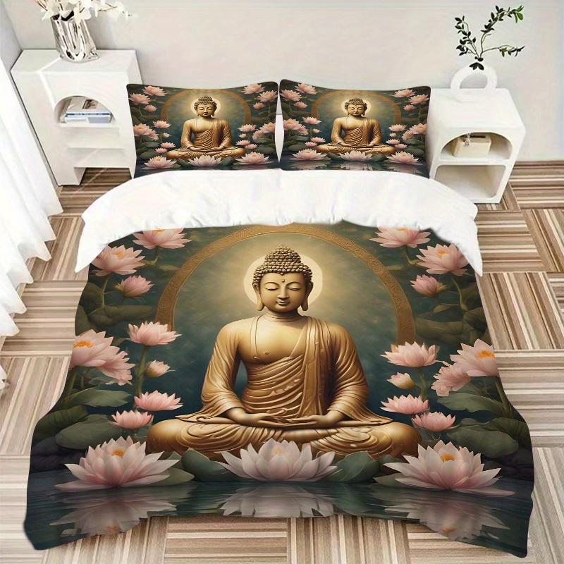 3pcs Buddha Lotus Soft Comfortable Bedding set, For Bedroom, Guest Room And Dorm, All Season Use, High-Definition Printing, Machine Washable 175