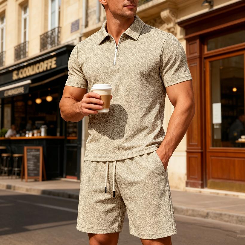 Summer Men Jacquard Textured Matching Set Half Zip Collar Polo Short Sleeve Top Drawstring Waist Shorts Golf Beach Two Piece Tracksuit