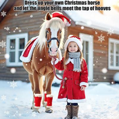 1/4/7 Peças Fantasias de Natal de Cavalo Chapéu de Papai Noel Vermelho Almofada de Sela para Cavalo Polainas Acessórios de Decoração Suprimentos para Festa de Fim de Ano de Inverno