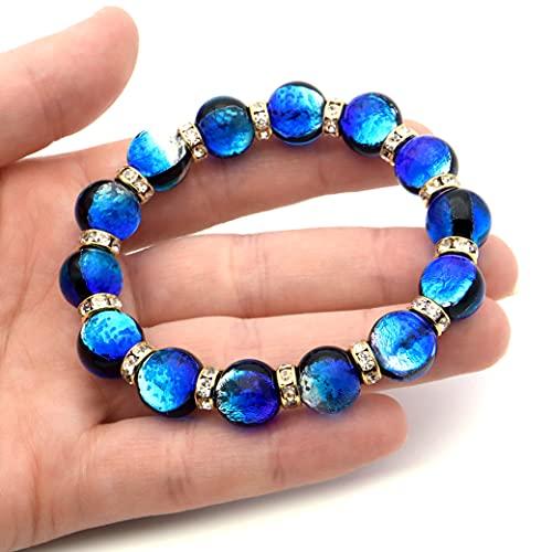 [GOLD STONE] Glowing Firefly Glass Bracelet, Yonaguni Blue, 12mm, Sparkling Okinawa Power Stone, Inner Circumference: Approx. 19.5cm