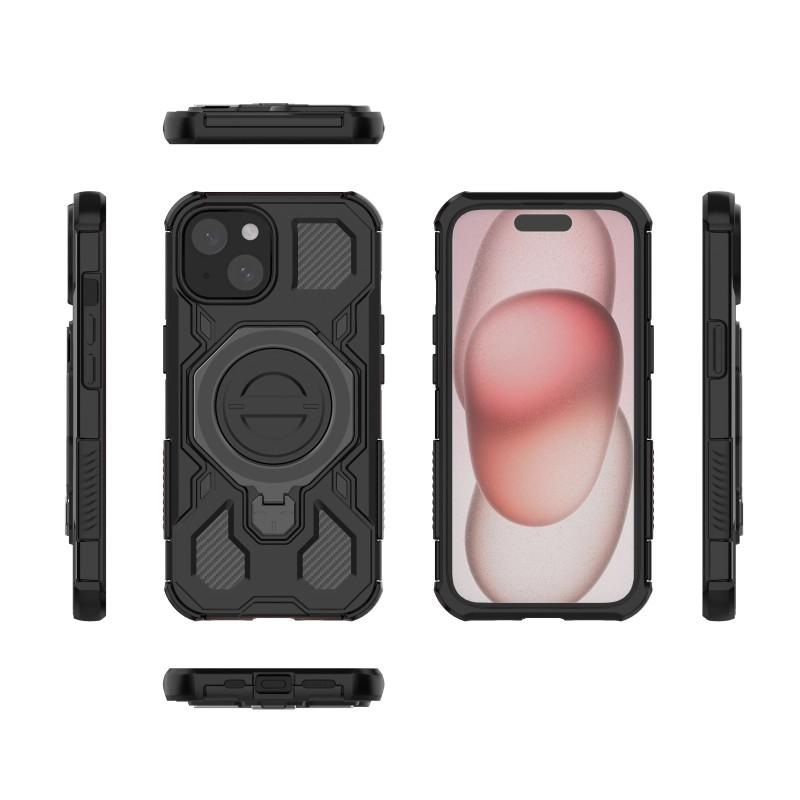 For iPhone 15 Case Kickstand with 2Pcs Screen Film WANLONFENG KJ Series PC TPU Phone Cover (Big Lens Hole)