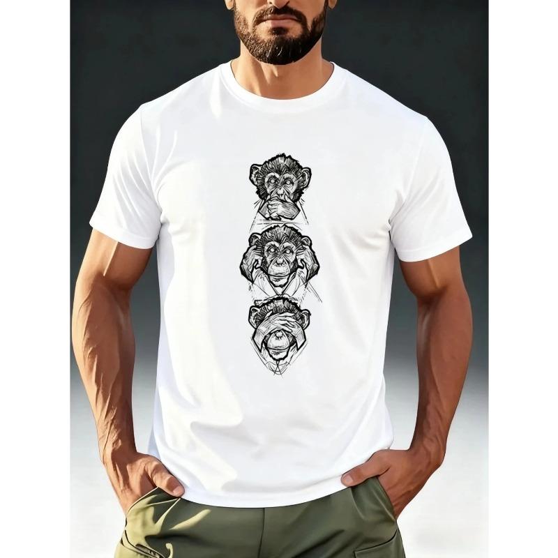 European sizes Men's "Three Wise Monkeys" T-Shirt - Menei/Shioki/Nen/Zen Design Short Sleeve Round Neck Casual Summer Top