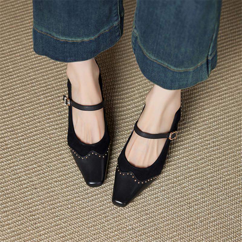 Fashion New Spring/autumn Genuine Leather Women Shoes Square Toe Shoes for Women Fashion Rivet Mary Jane Shoes High Heels Women Pumps