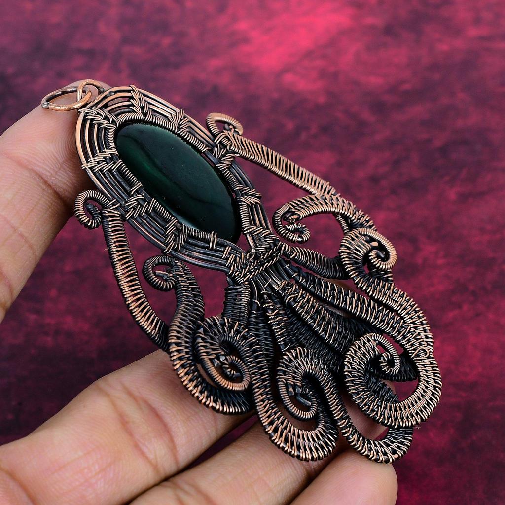 Green Fire Labradorite Real Gemstone Pendant Octopus Copper Wire Wrapped Jewelry