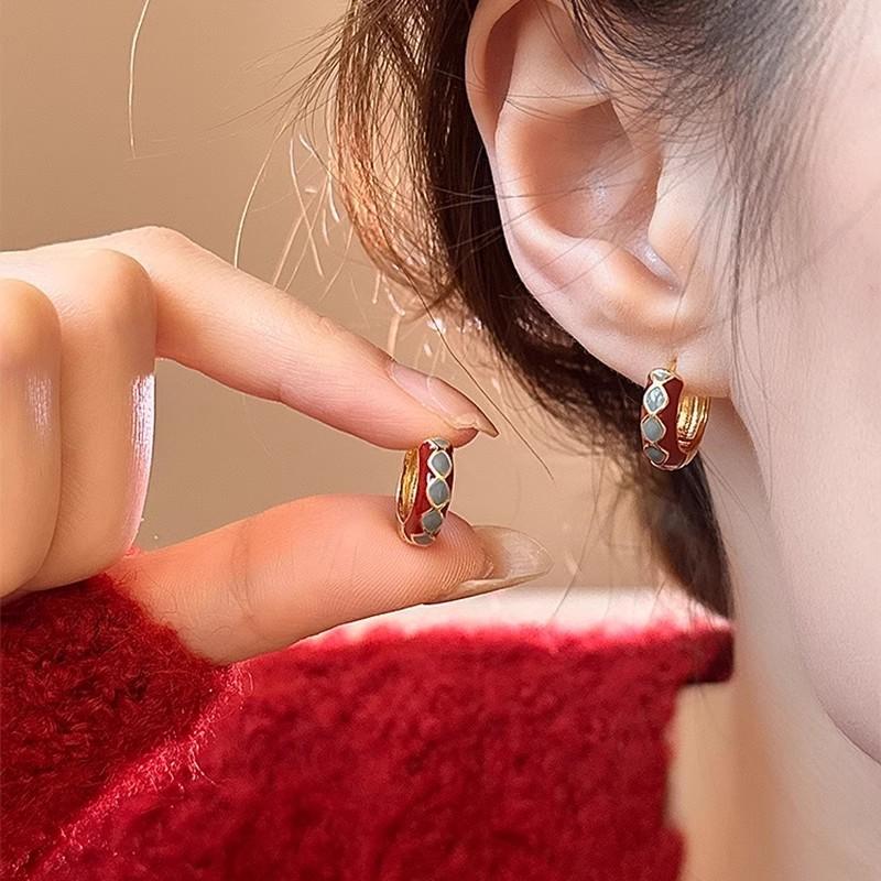 French Style Retro Red Drip Oil Hoop Earrings for Women Girl Temperament Blue Drip Oil Rhombus Earrings Buckle Jewelry Wholesale