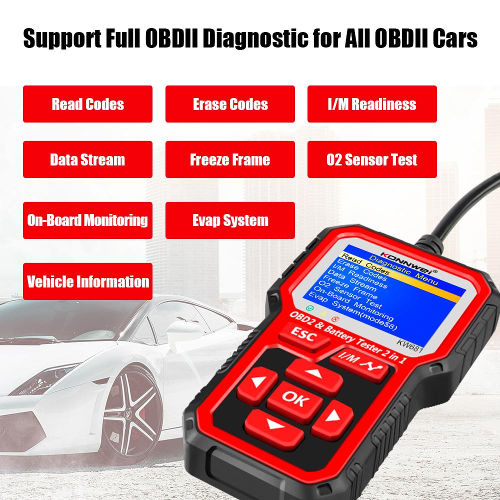 2025 KONNWEI KW681 Professional Car OBD2 Scanner Auto Diagnostic Tools 6V12V 2 In 1 Car Motorcycle OBD2 Battery Tester Tools