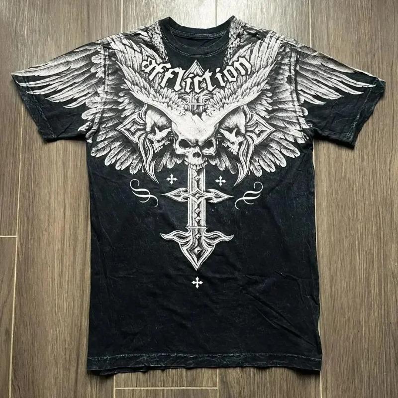 Y2K Red Gothic Thorn Totem Printing Harajuku Style T Shirt High Street Broken Feeling Mens Short Sleeves Couple Collocation