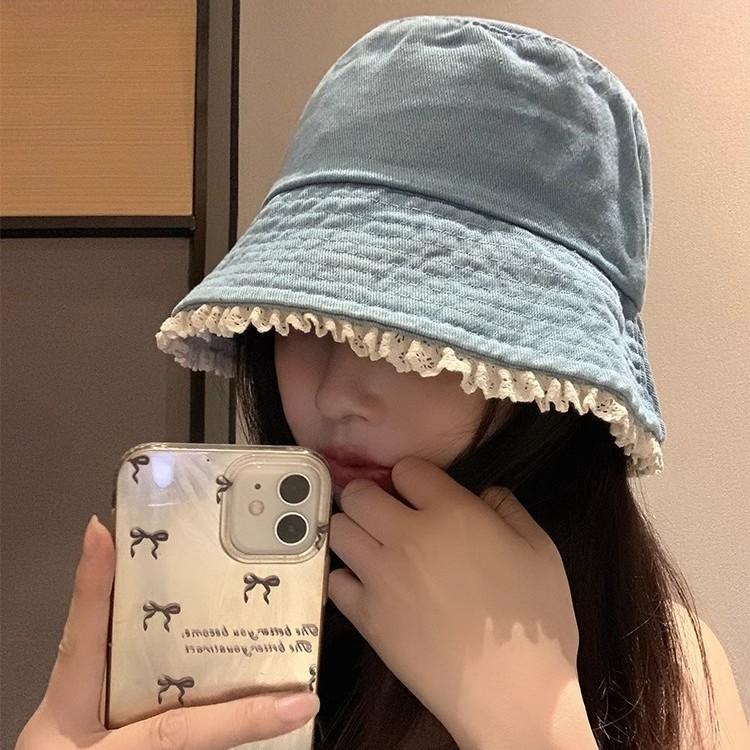 

Denim Bucket Hat With Lace Edge For Sun Protection And Casual Fashionfor Women светло-синий